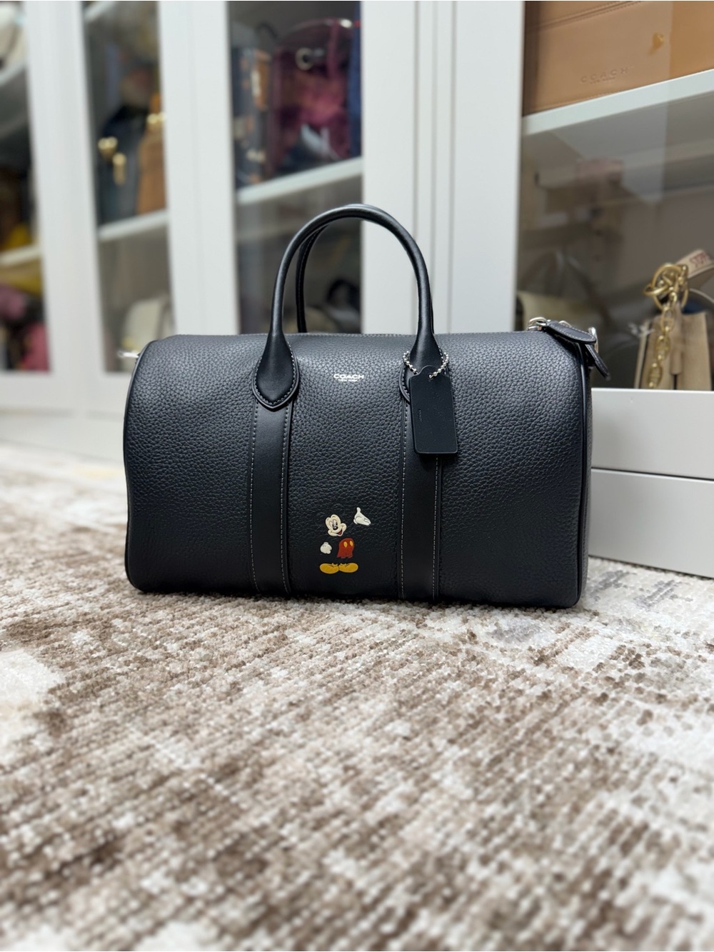Coach Compass 35 Black Pebbled Leather Duffle with Mickey Motif